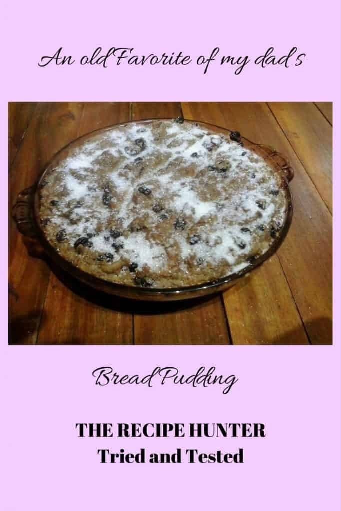 English Bread Pudding in a pie plate with white dusting on the top
