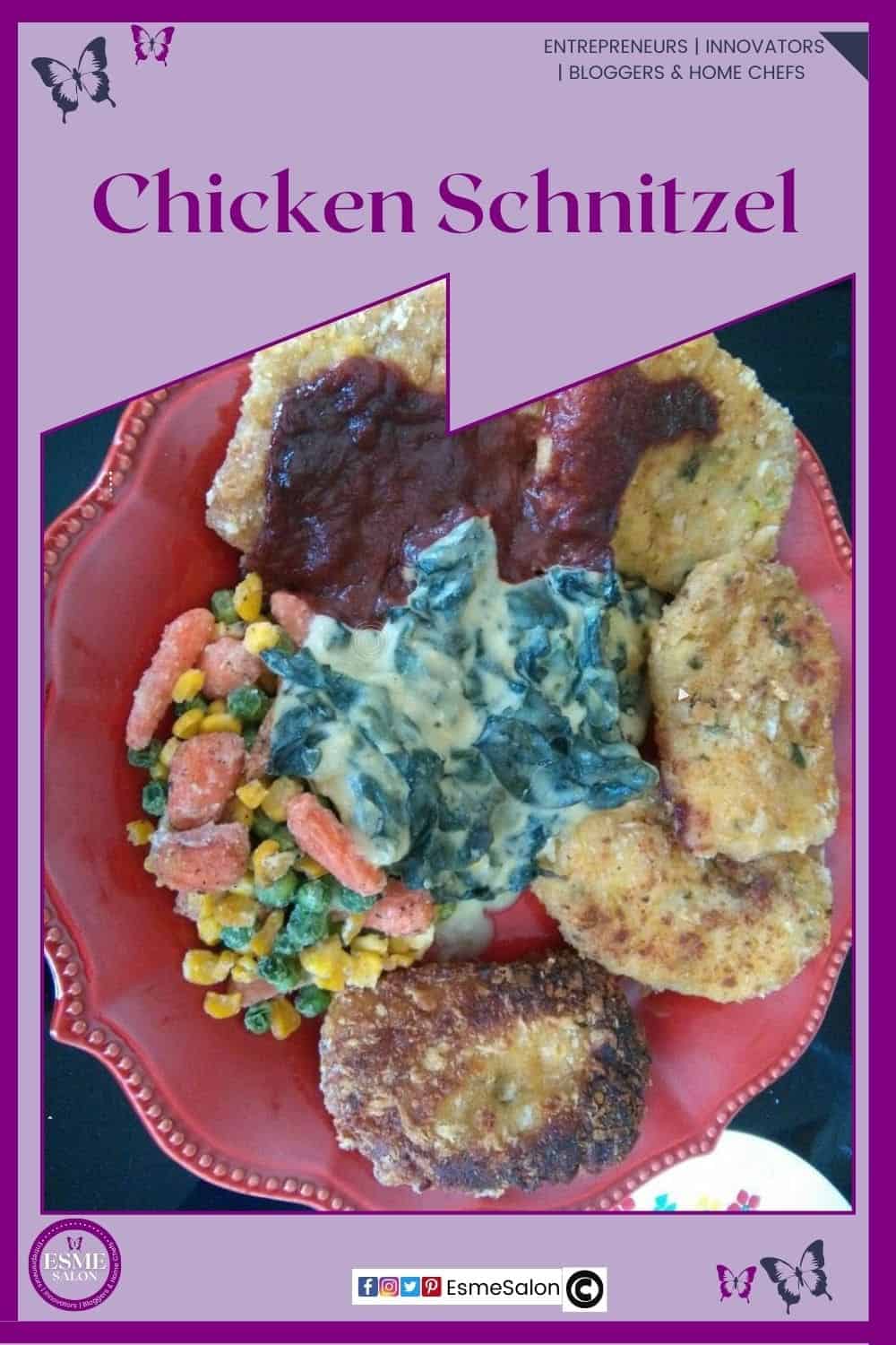 Chicken Schnitzel with Cheesy Potato Patties, Creamed Spinach And Mixed Frozen Veggies