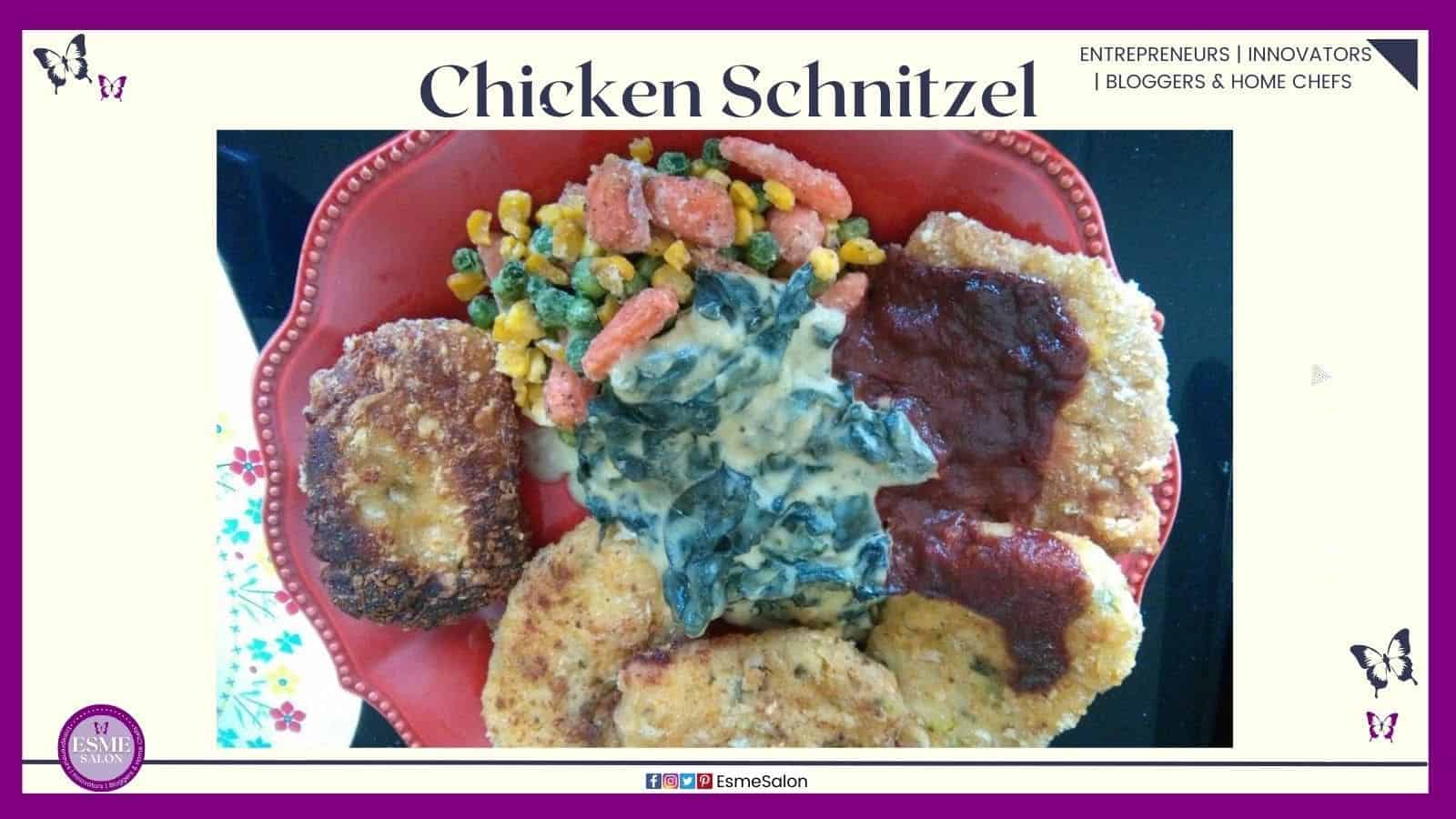 an image of a red plate filled with Chicken Schnitzel with Cheesy Potato Patties, Creamed Spinach And Mixed Frozen Veggies