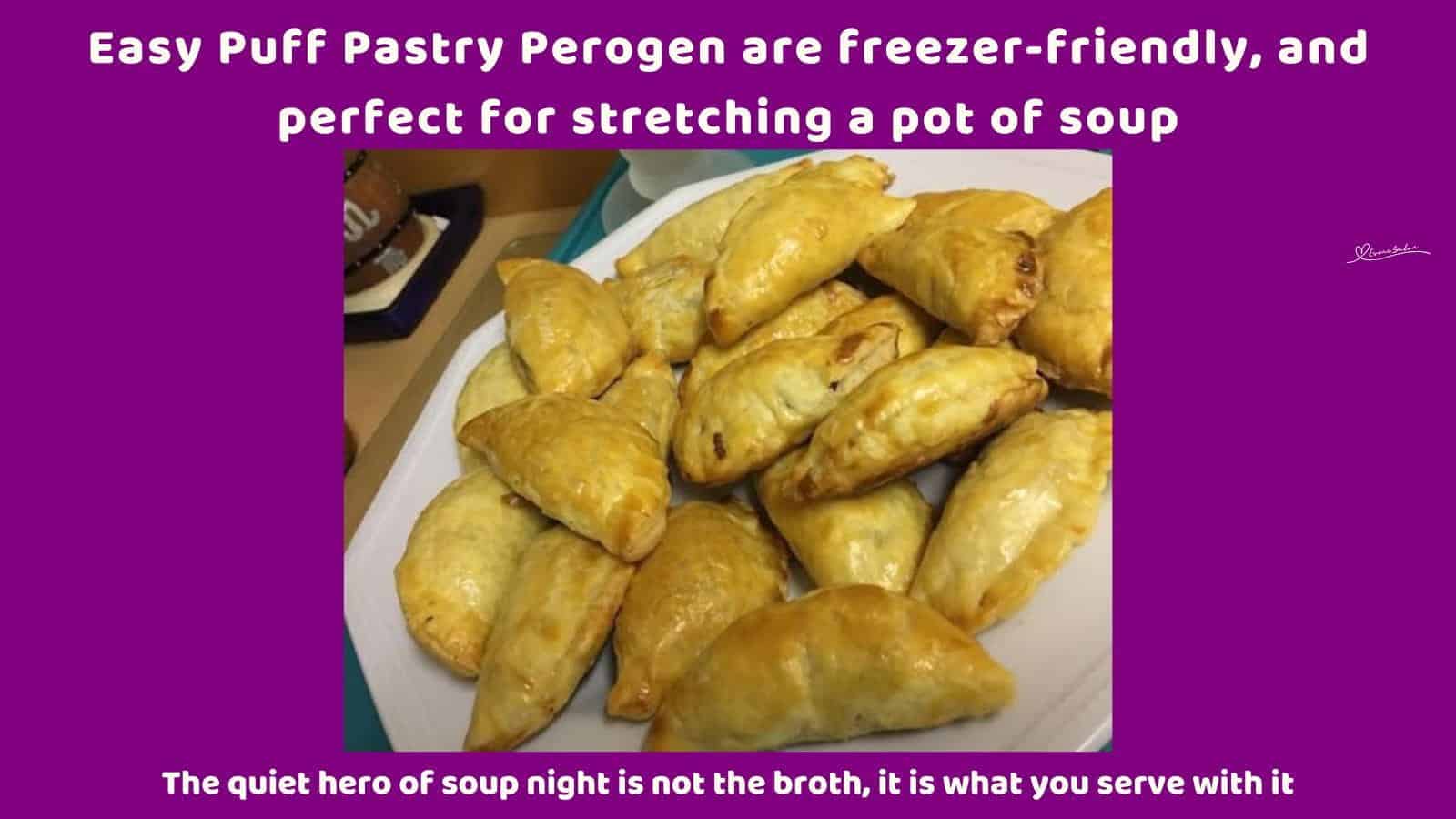 An image of a white plate filled with Easy Puff Pastry Perogen