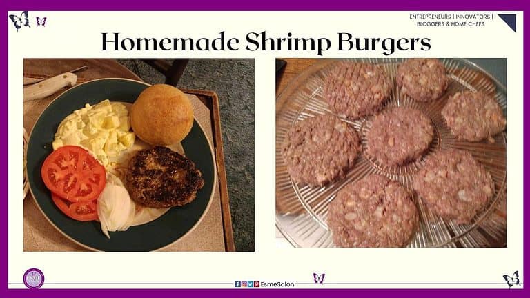an image of a dark round serving plate with a Homemade Shrimp Burger, a bun, tomato and eggs