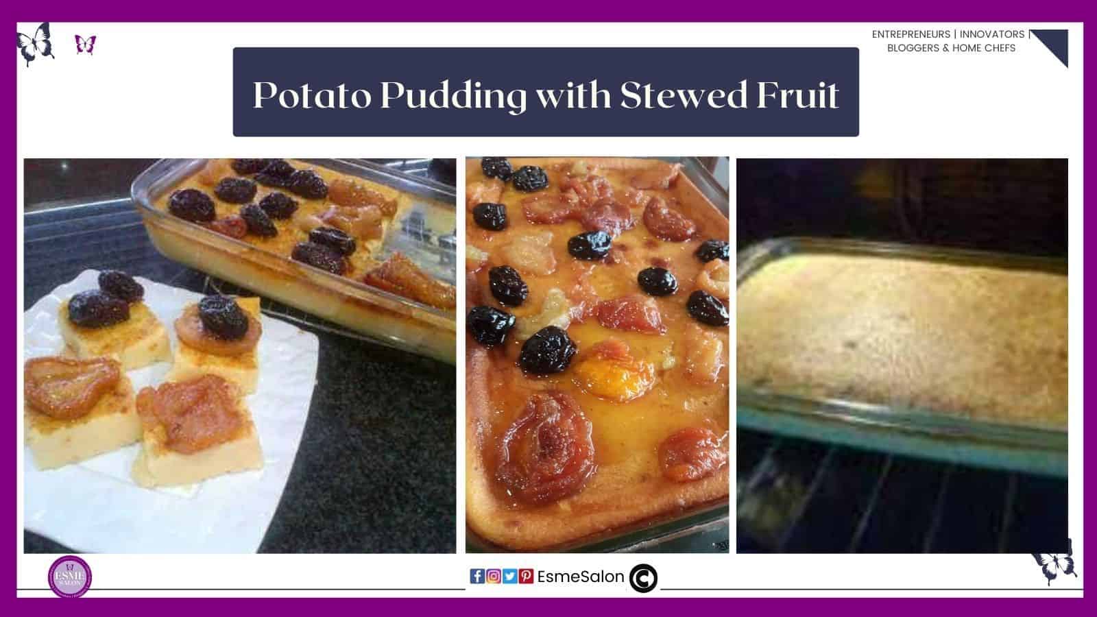 an image of a Potato Pudding and topped with Stewed Fruit