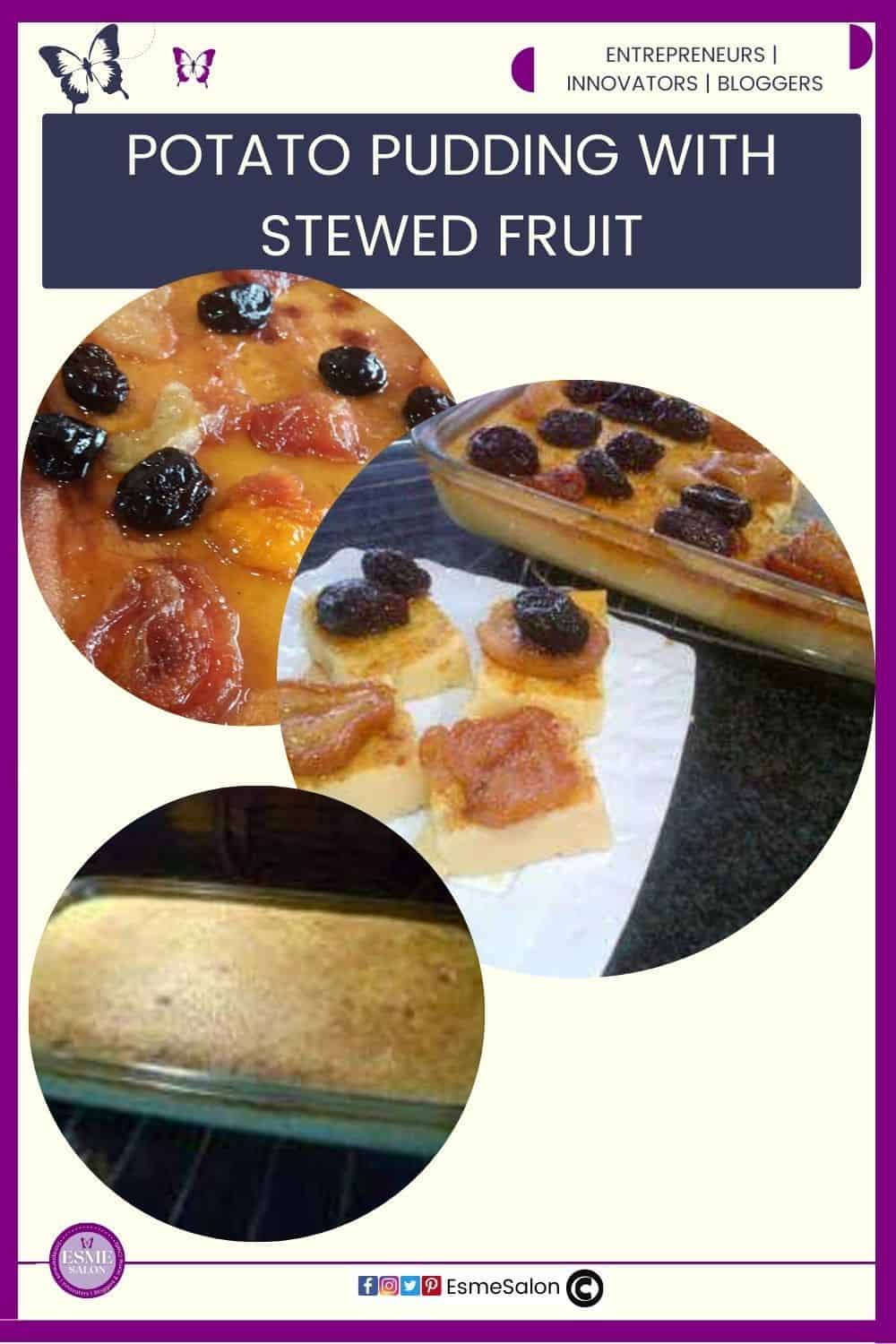 an image of a Potato Pudding and topped with Stewed Fruit