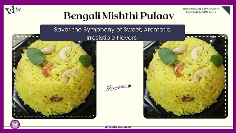 an image of sweet yellow Bengali Mishti Pulao with topped with nuts