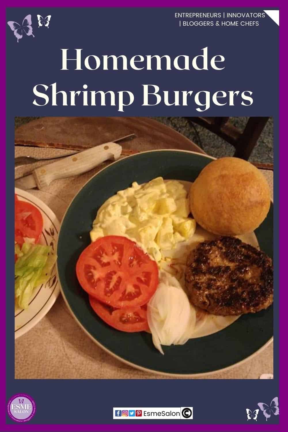 an image of a dark round serving plate with a Homemade Shrimp Burger, a bun, tomato and eggs