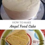 An Angel Food Cake on a white platter, not cut and then a cut slice at the bottom
