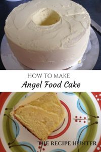 An Angel Food Cake on a white platter, not cut and then a cut slice at the bottom