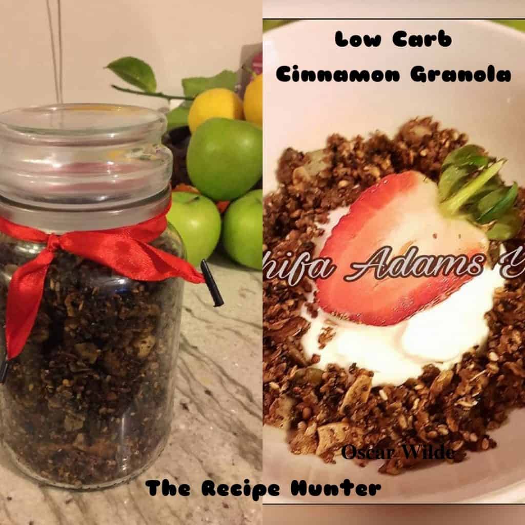 Low Carb Cinnamon Granola in a glass jar with a red ribbon as well as a plate with Low Carb Cinnamon Granola with yoghurt and strawberries