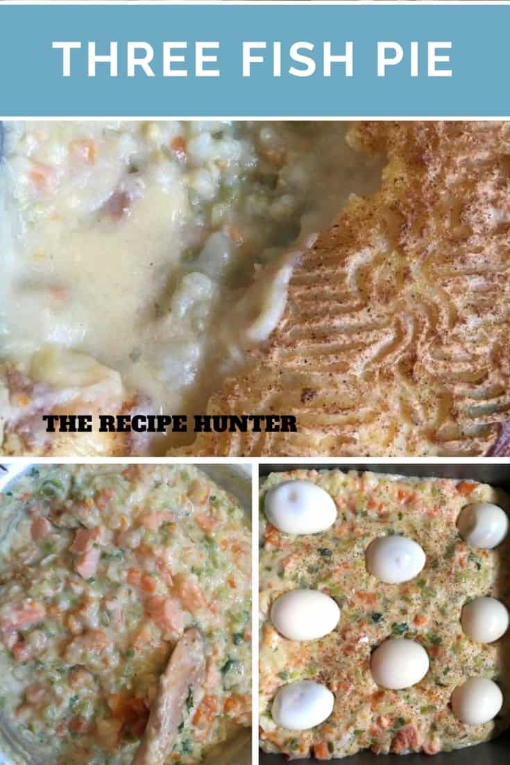 A Fish Pie topped with mashed potato and hard boiled eggs