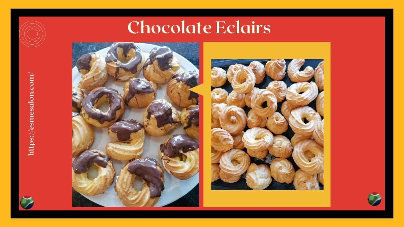 An image of a white plate filled with Chocolate Eclairs
