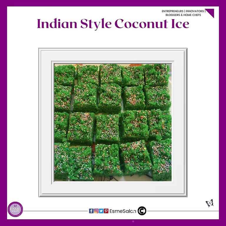 an image of Green Indian Style Coconut Ice with colored sprinkles cut into cubes