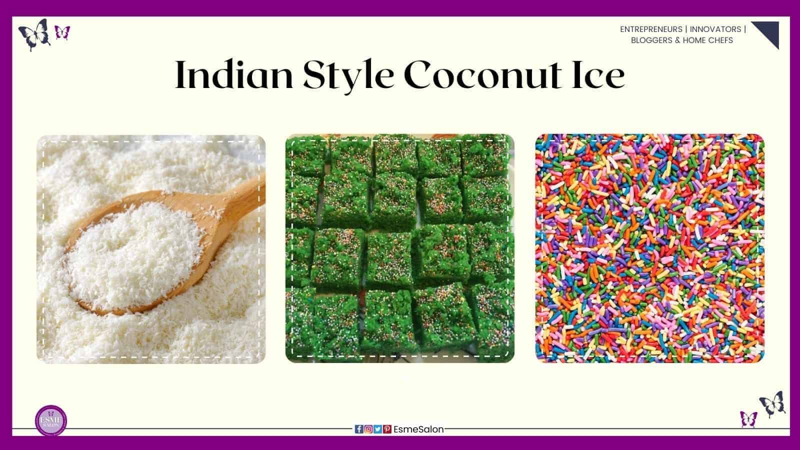 an image of Green Indian Style Coconut Ice with colored sprinkles cut into cubes