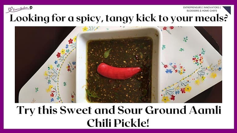 an image of a square white dish filled with Sweet And Sour Ground Aamli Chili Pickle (Tamarind) and a red chili as decoration