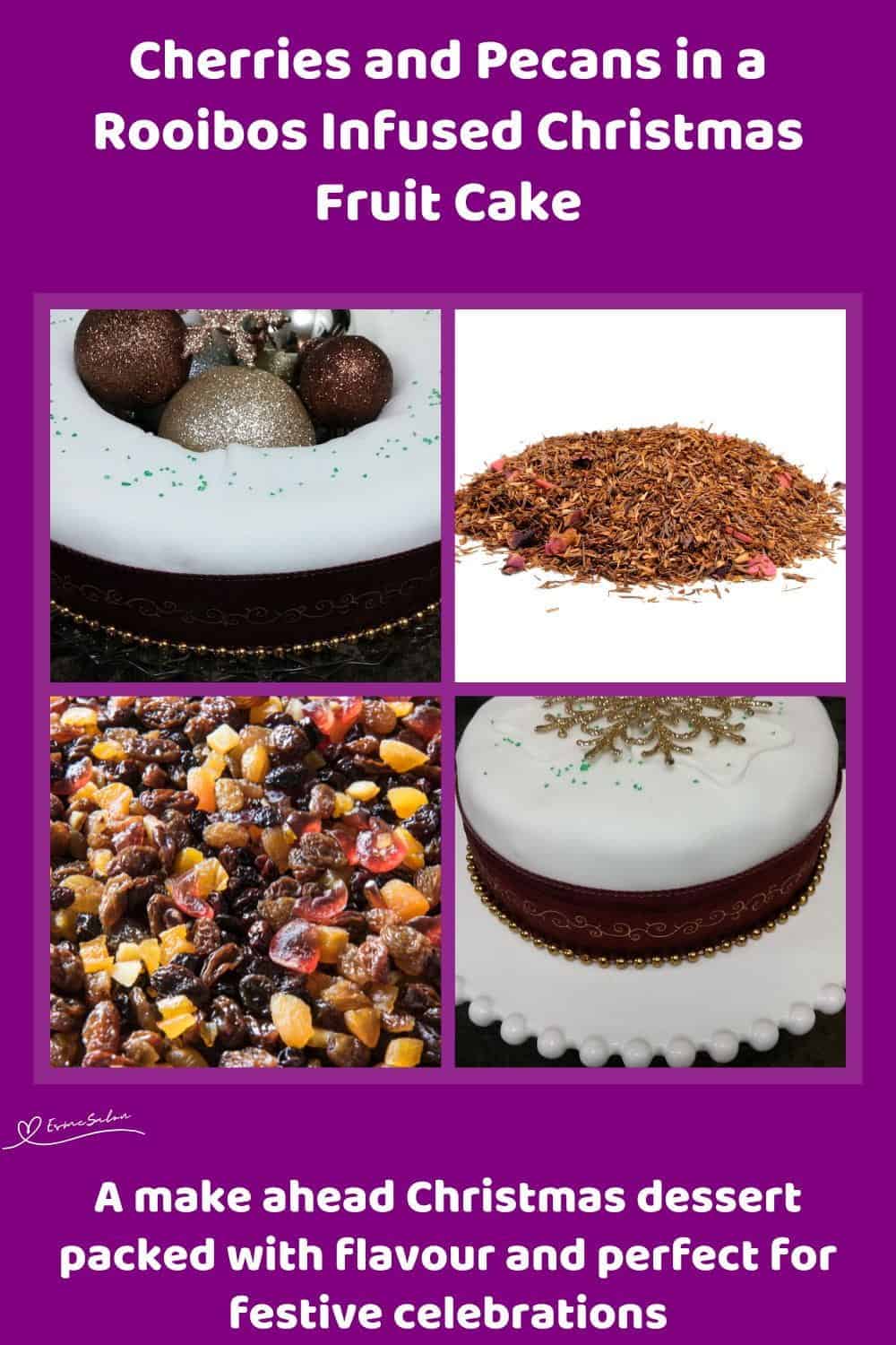 An image of a Rooibos Infused Christmas Fruit Cake covered with white marzipan and decorated with Christmas balls and starts