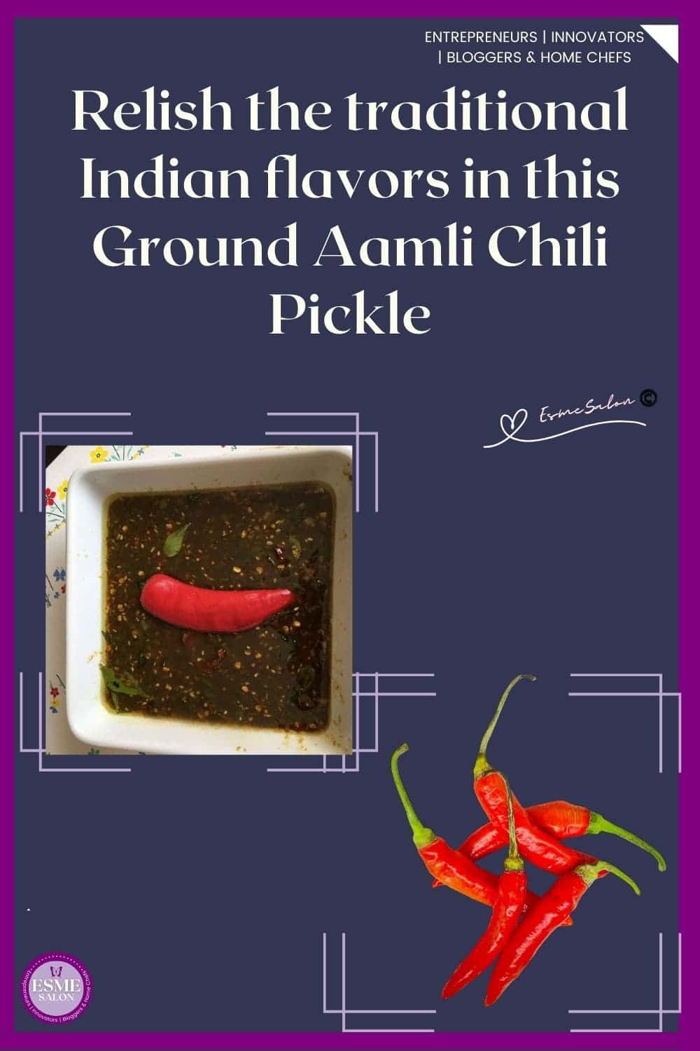 an image of a square white dish filled with Sweet And Sour Ground Aamli Chili Pickle (Tamarind) and a red chili as decoration