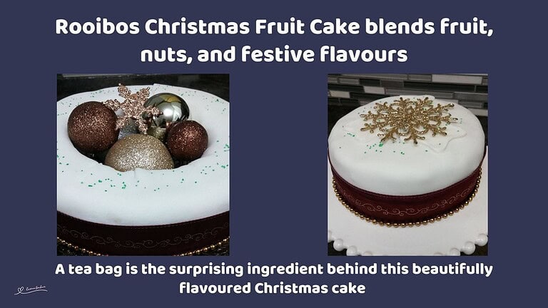 An image of a Rooibos Infused Christmas Fruit Cake covered with white marzipan and decorated with Christmas balls and starts
