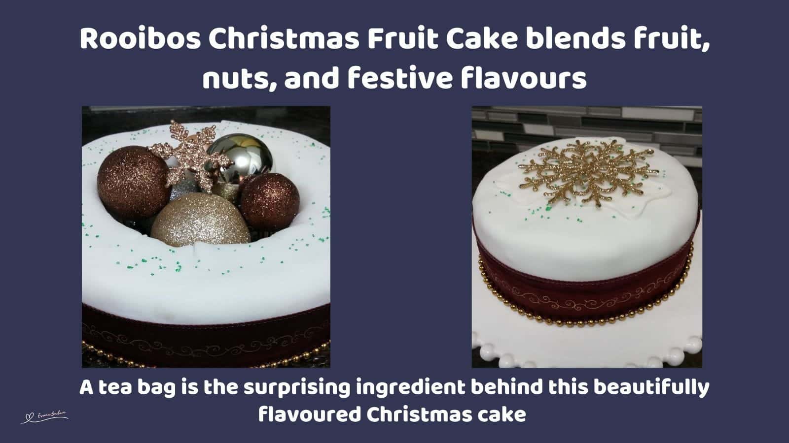 An image of a Rooibos Infused Christmas Fruit Cake covered with white marzipan and decorated with Christmas balls and starts