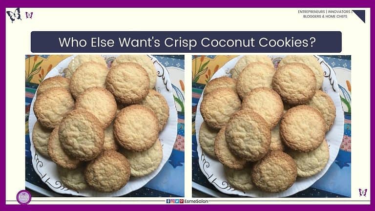 an image of a white round plate with Crisp Coconut Cookies piled high