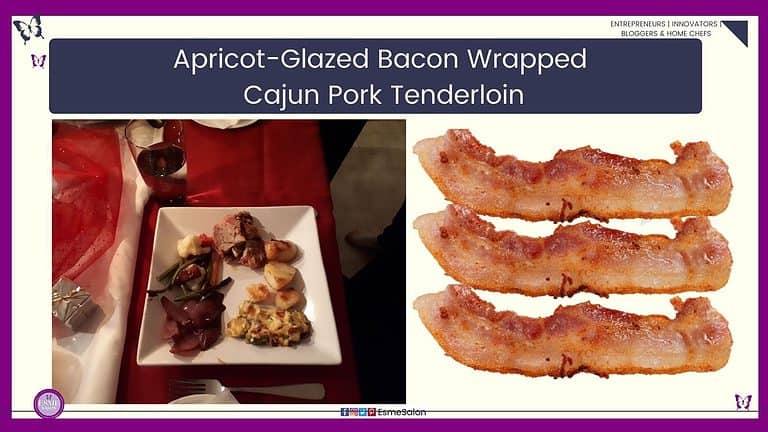 an image of a white serving plate with Apricot-Glazed Bacon Wrapped Cajun Pork Tenderloin with Baked potatoes, served with onions and green beans with cauliflower