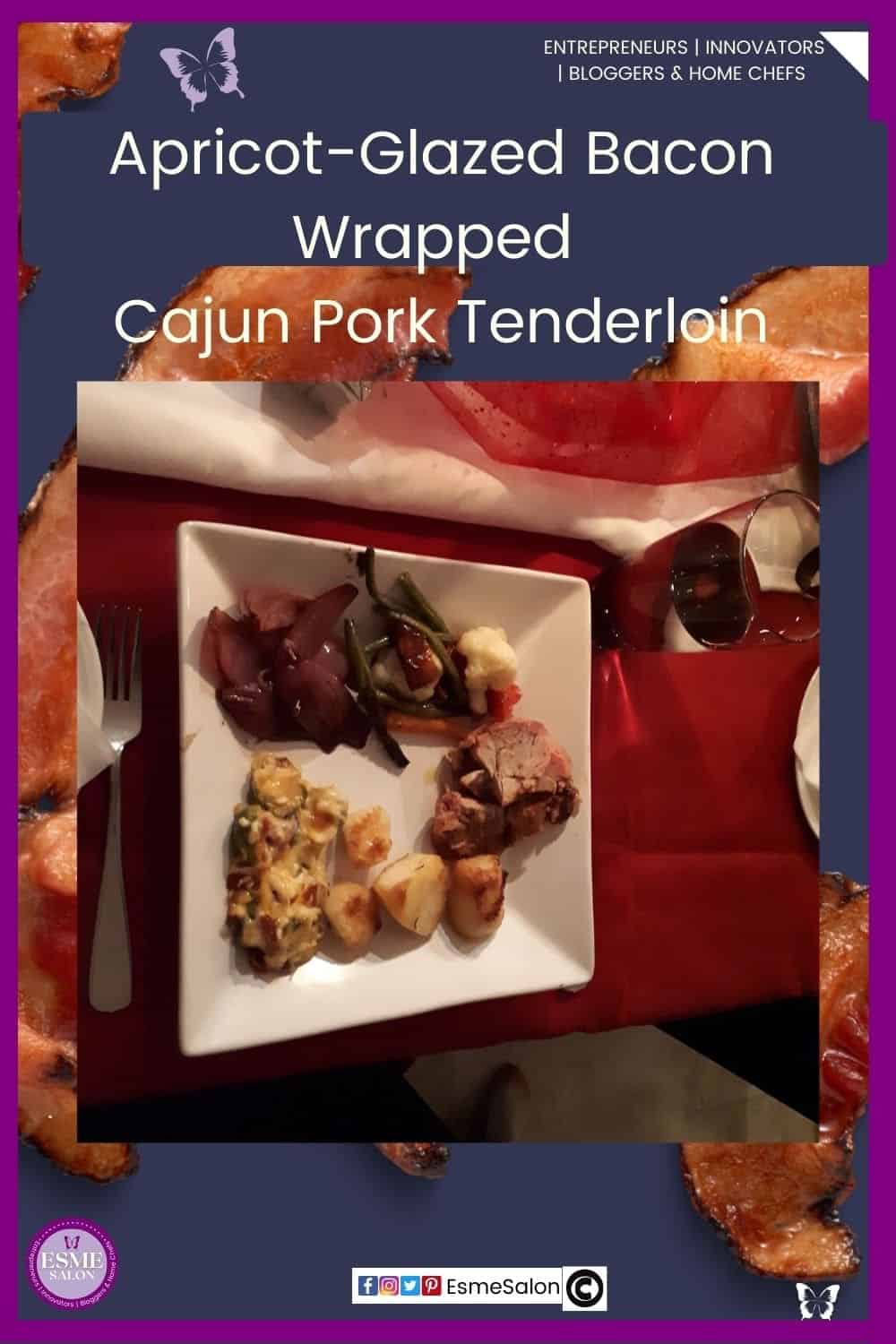 an image of a white serving plate with Apricot-Glazed Bacon Wrapped Cajun Pork Tenderloin with Baked potatoes, served with onions and green beans with cauliflower