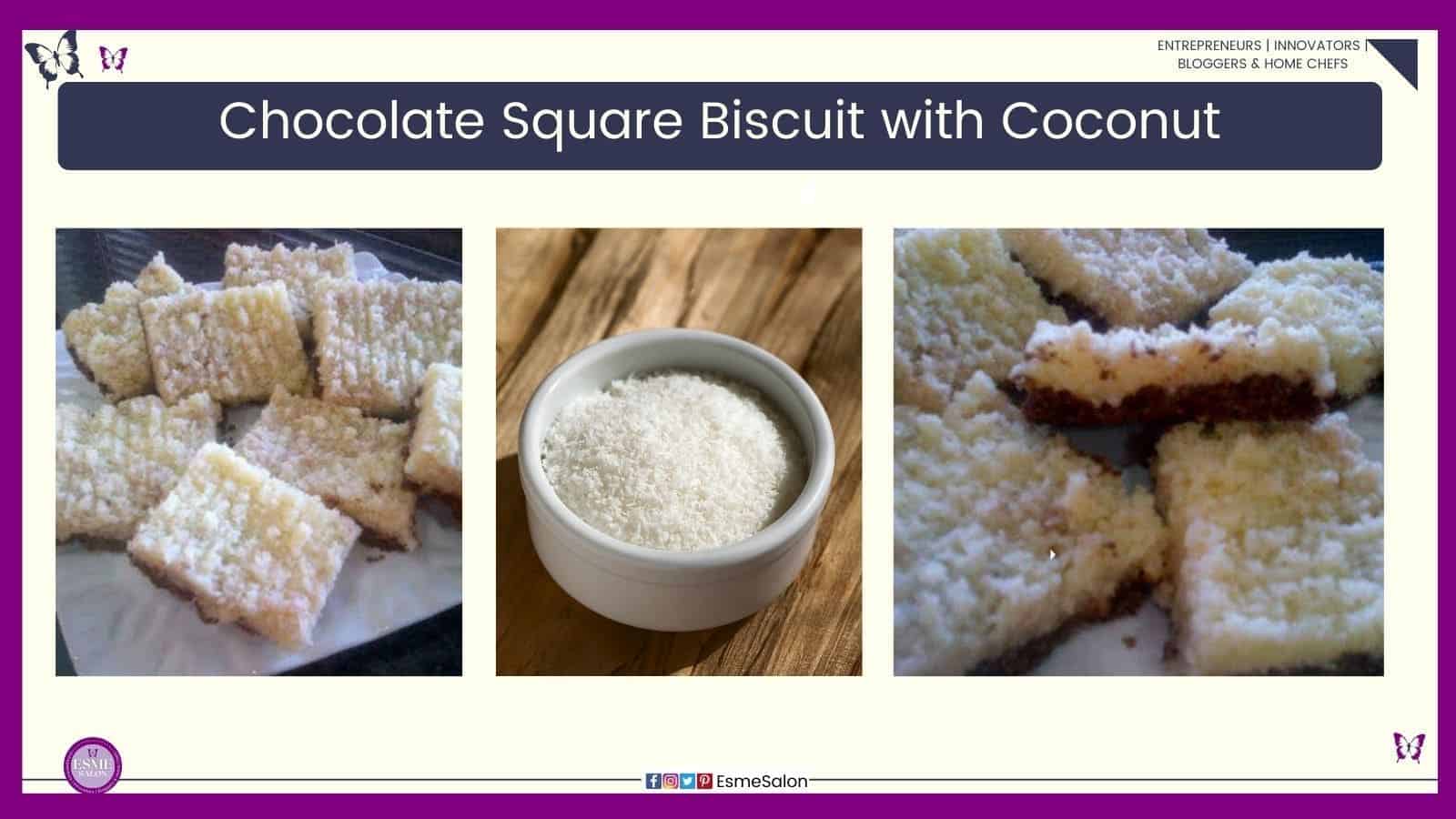an image of Chocolate Square Biscuit with Coconut Topping on a white plate with a bowl of desiccated coconut