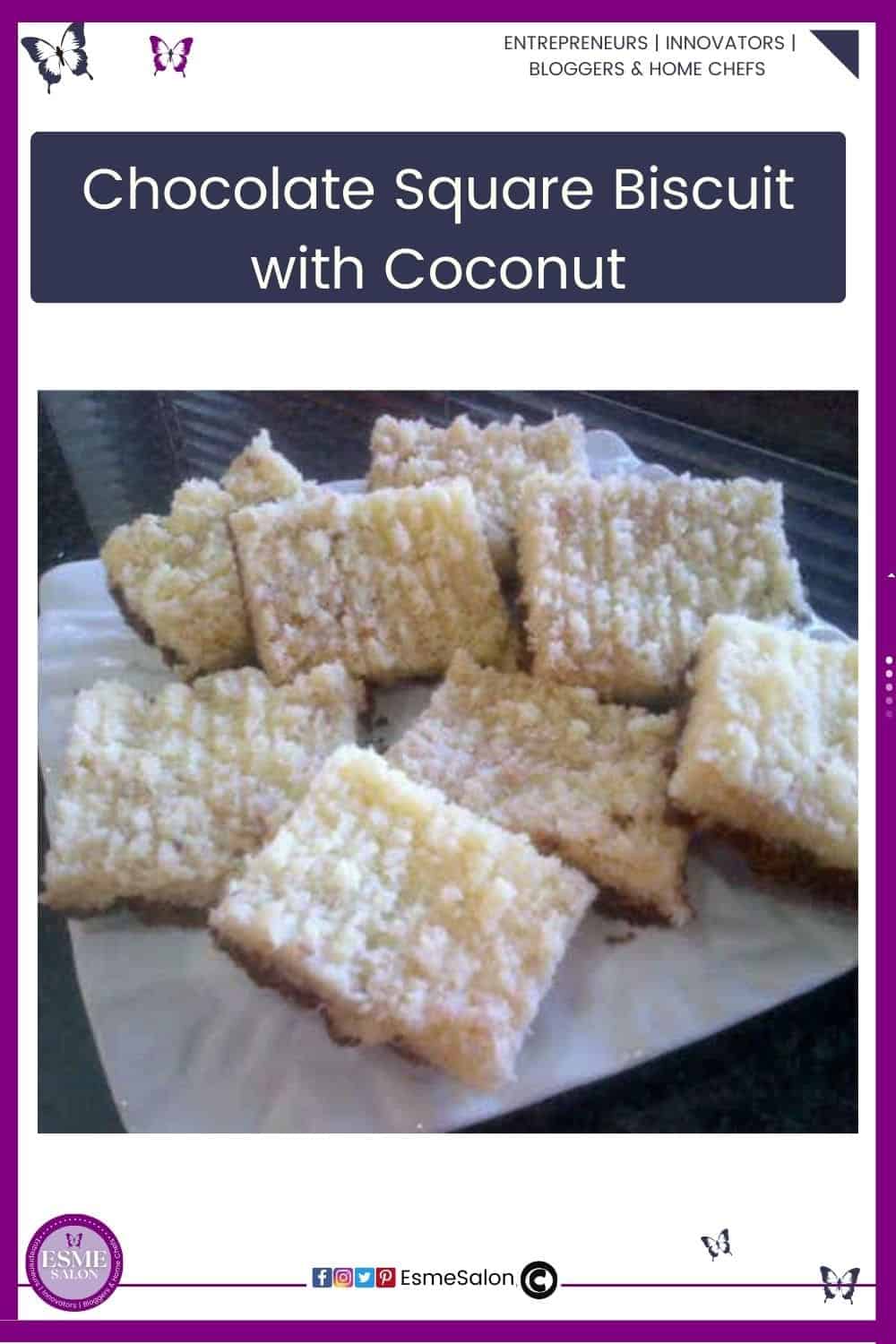 an image of Chocolate Square Biscuit with Coconut Topping on a white plate