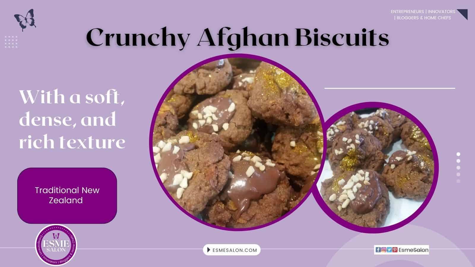 an image of a tin filled with New Zealand Crunchy Afghan Biscuits with chocolate topping
