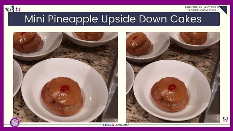 an image of 4 white dessert bowls with a Mini Pineapple Upside Down Cake with a pineapple ring and cherry on the top