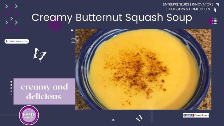 an image of a blue soup bowl with Creamy Butternut Squash Soup