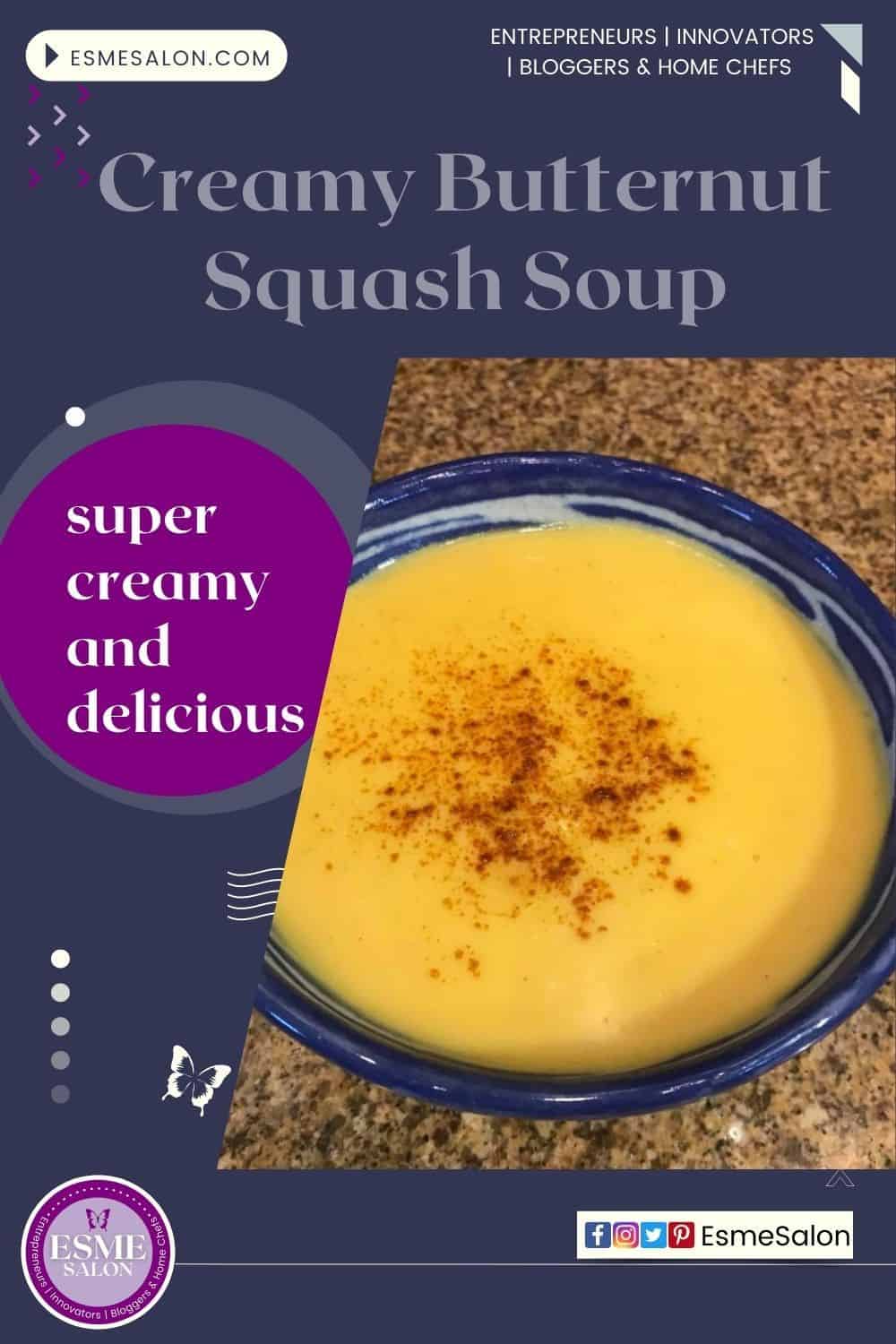 an image of a blue soup bowl with Creamy Butternut Squash Soup