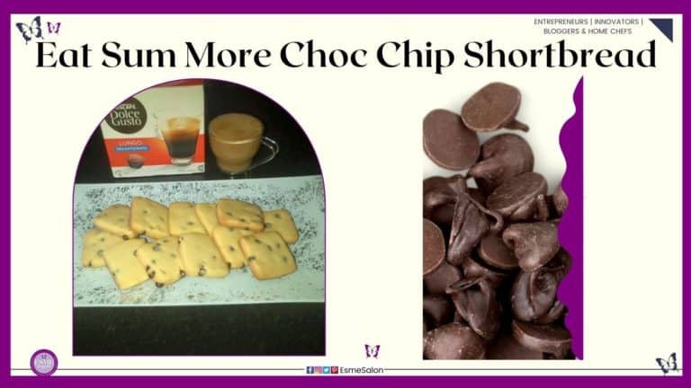 an image of a white rectangular platter with Eat Sum More Choc Chip Shortbread and a cup of coffee