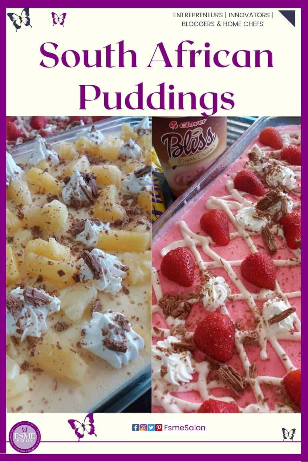 an image of two South African Puddings in a rectangular dish one with strawberries and one with pineapple pieces