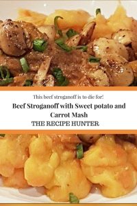 Beef Stroganoff served with sweet potato and carrot mash