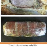 Beef Wellington rolled in clingwrap and also once done cut open served with