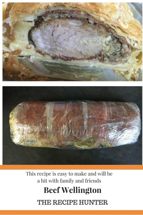 Beef Wellington rolled in clingwrap and also once done cut open served with