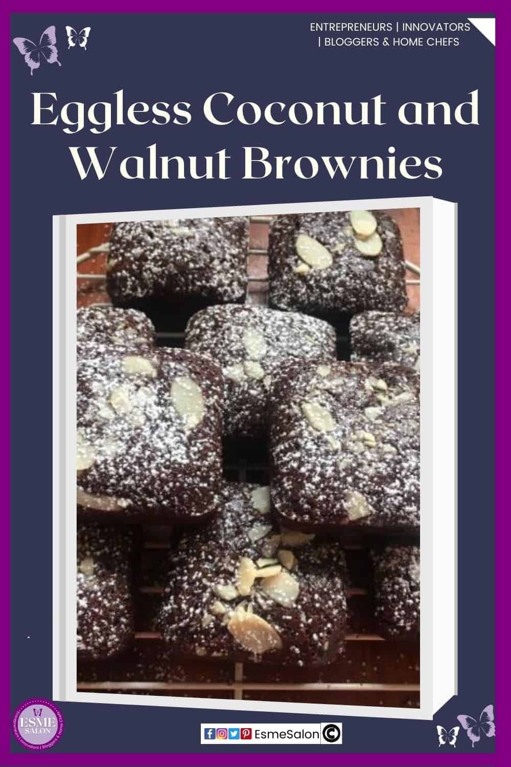 an image of a glass platter filled with Coconut and Walnut Brownies with coconut covering and slivered almonds