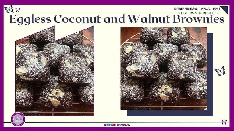 an image of a glass platter filled with Coconut and Walnut Brownies with coconut covering and slivered almonds