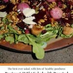 A ceramic round brown bowl wi6th Beetroot & Fig Salad with Roasted Radishes salad