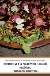 A ceramic round brown bowl wi6th Beetroot & Fig Salad with Roasted Radishes salad