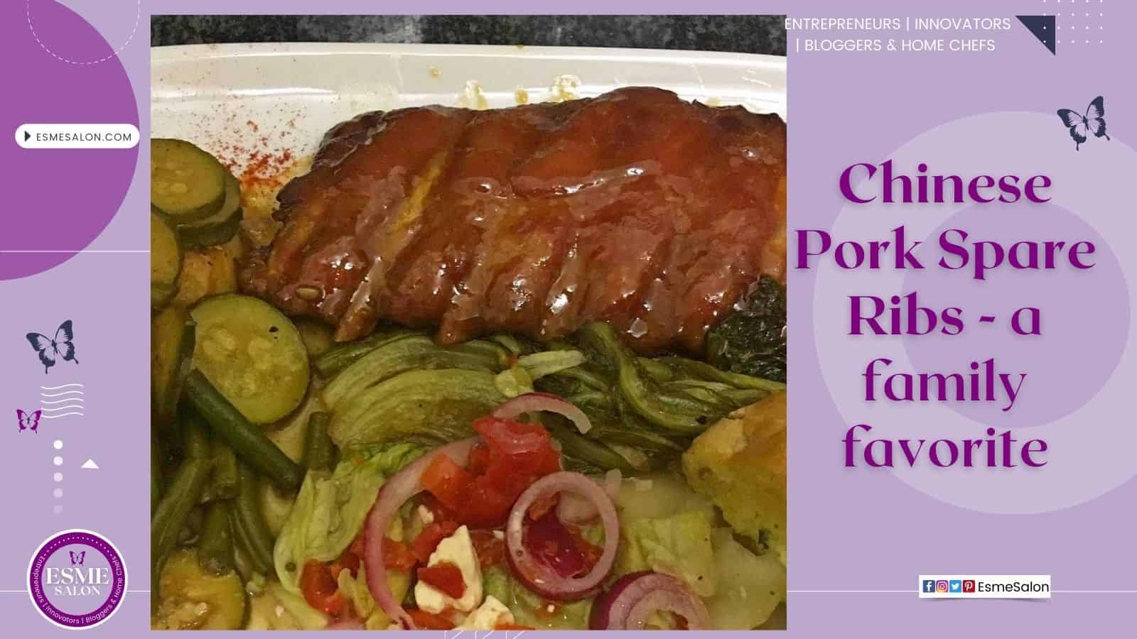 An image of a plate with Chinese Pork Spare Ribs and veggies