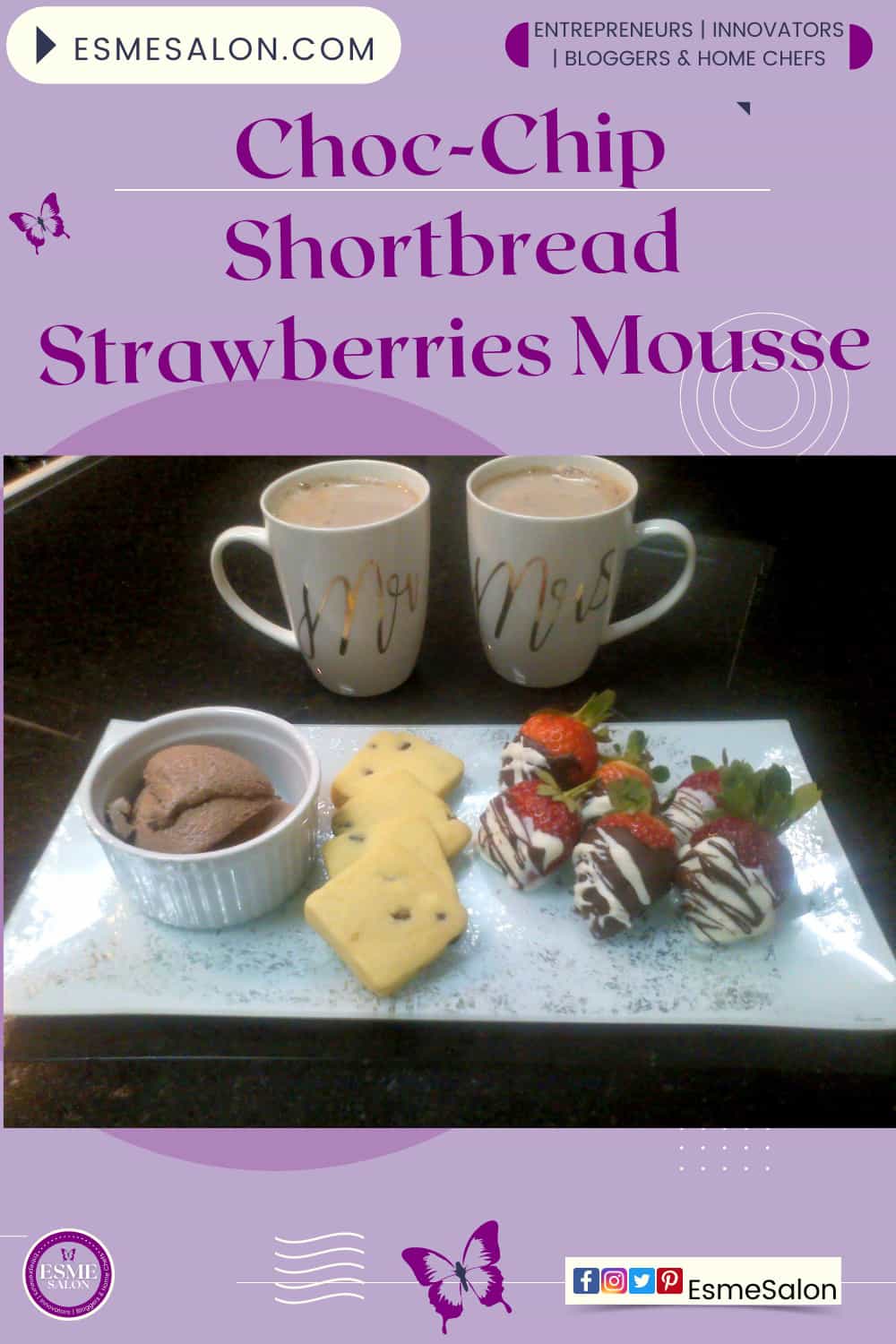 An image of a white oblong plate with some Choc-Chip Shortbread Strawberries Mousse