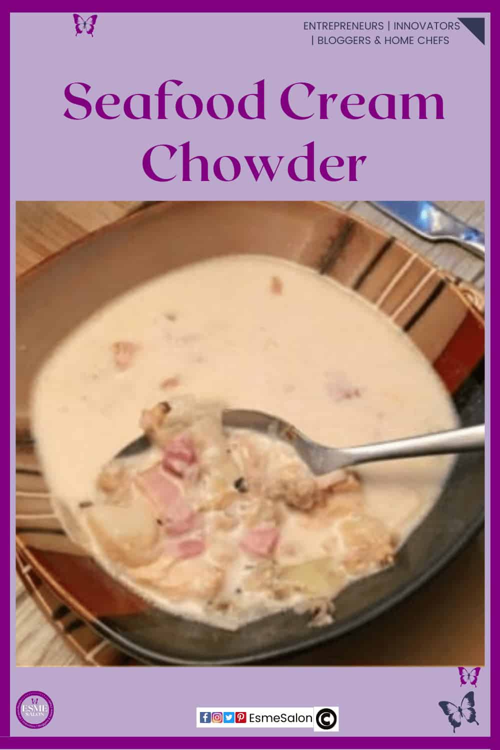 an image of a single brown soup bowl with Seafood Cream Chowder