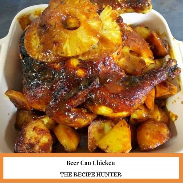 Beer Can Chicken with pineapple rings served with potato