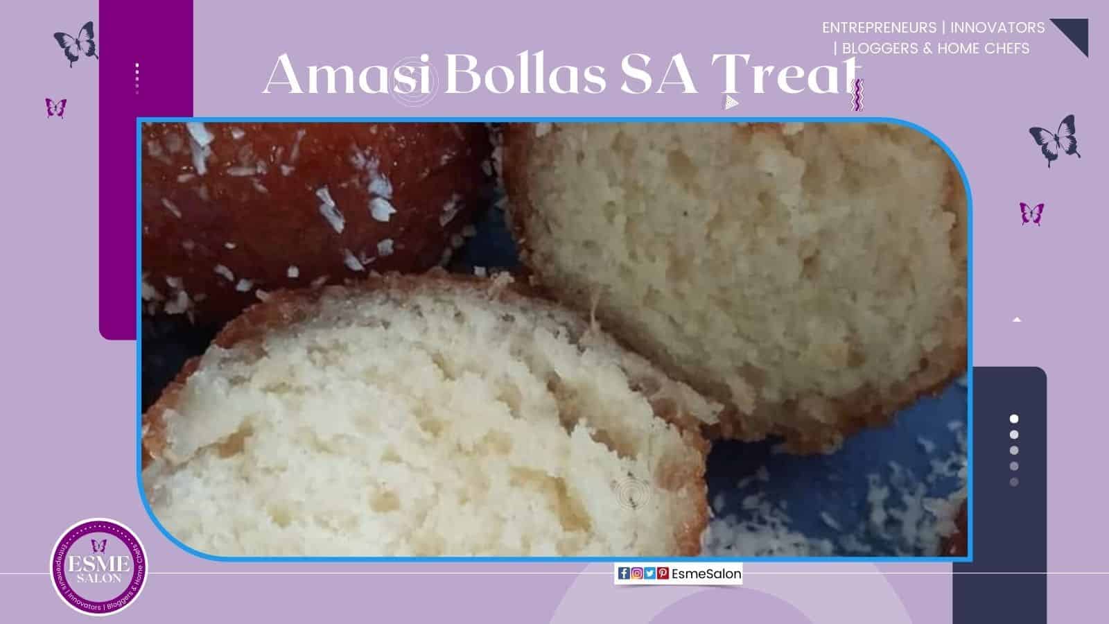 Amasi Bollas, a traditional South African Sweet treat dunked in a sweet syrup and covered in coconut