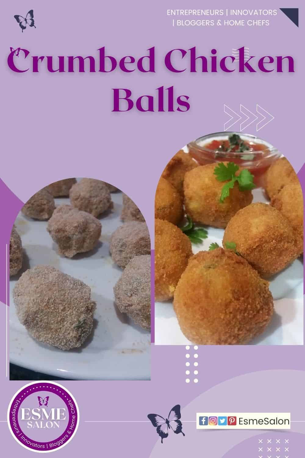 An image of two platters, one with raw crumbed chicken balls and the other already deep fried