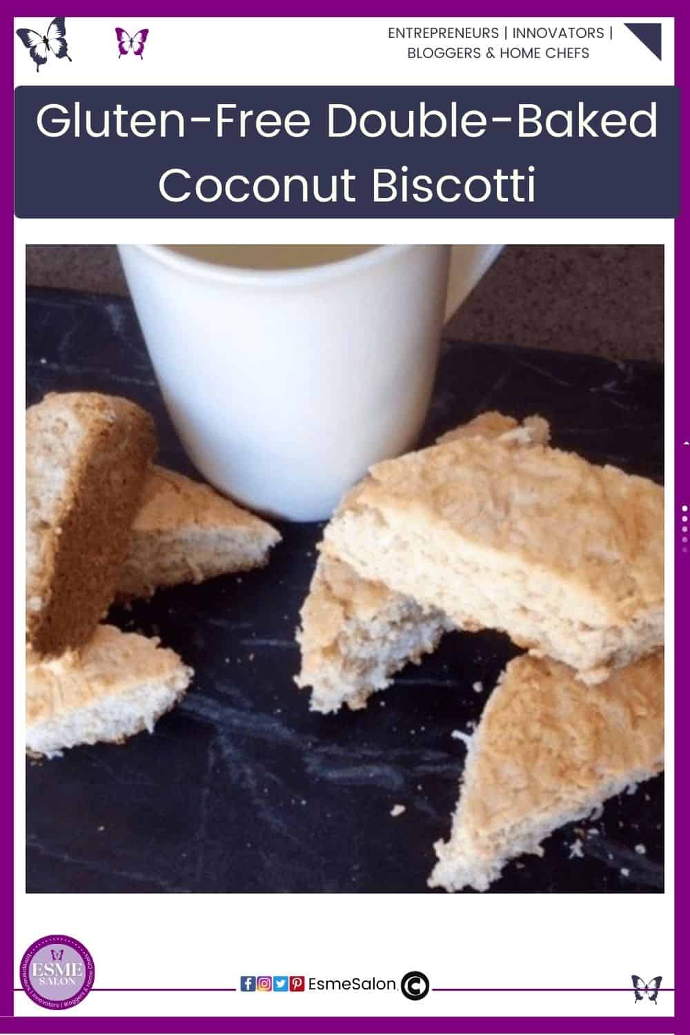 an image of a white mug with coffee and slices of Gluten-Free Double-Baked Coconut Biscotti