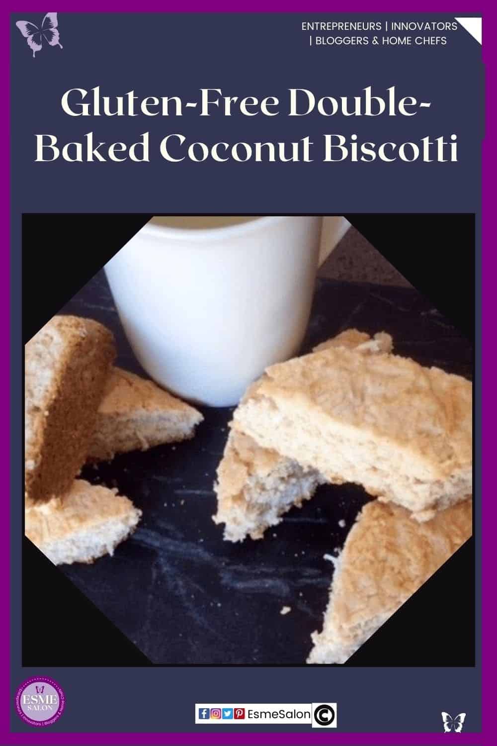 an image of a white mug with coffee and slices of Gluten-Free Double-Baked Coconut Biscotti