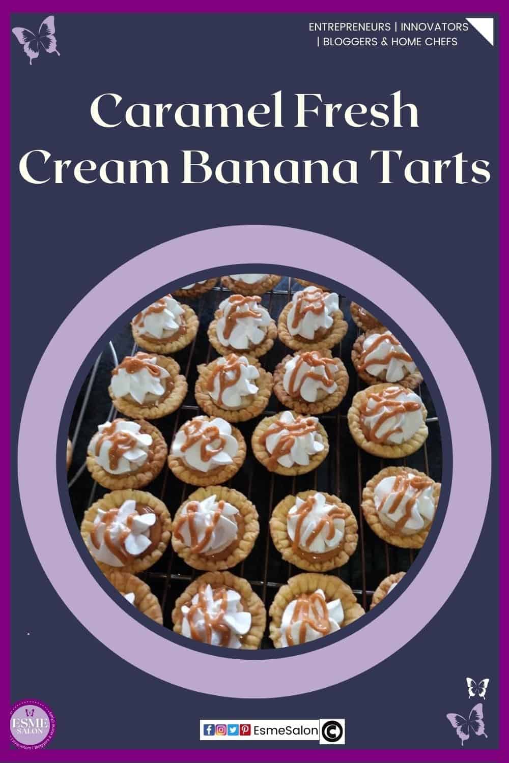 an image of mini tartlets in casing with banana filling and cream and caramel topping