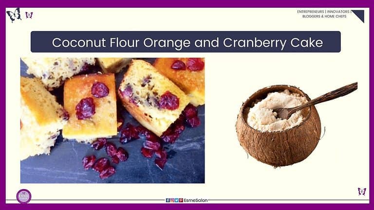 an image of a batch of Coconut Flour Orange and Cranberry Cake cut into blocks with some dried cranberries on and in front of them