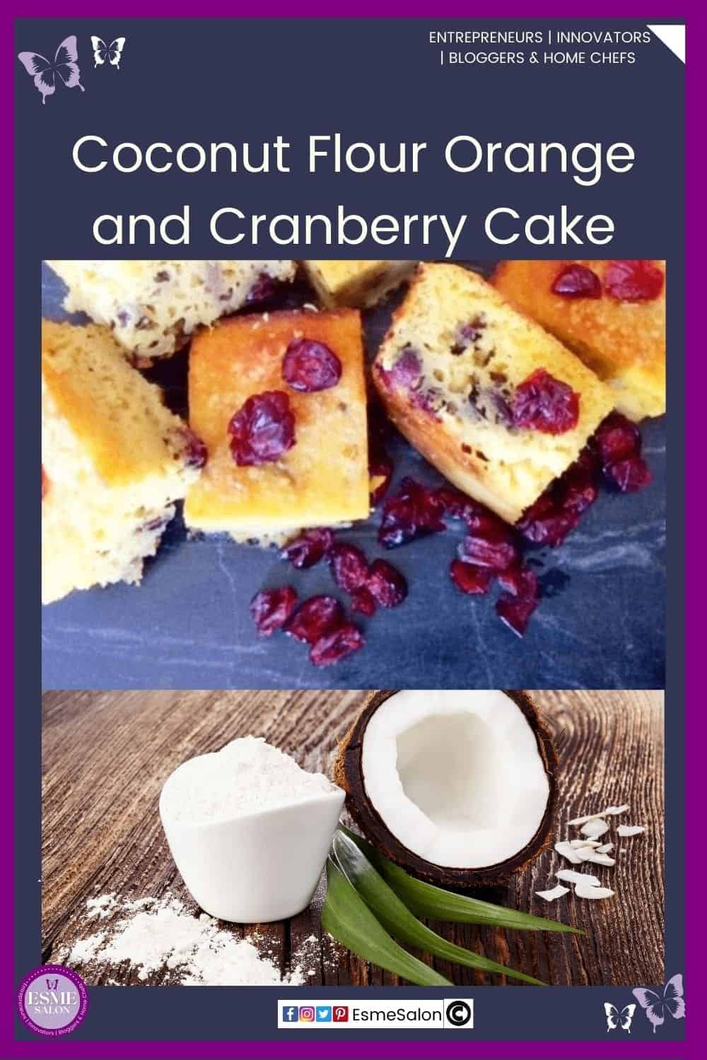 an image of a batch of Coconut Flour Orange and Cranberry Cake cut into blocks with some dried cranberries on and in front of them